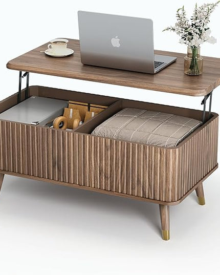 JOINICE Lift Top Coffee Table with Storage, Mid Century Modern Fluted Wood Design,Pop-Up Walnut Center Table with Hidden Compartment for Living Room & Home Office Work/Dining