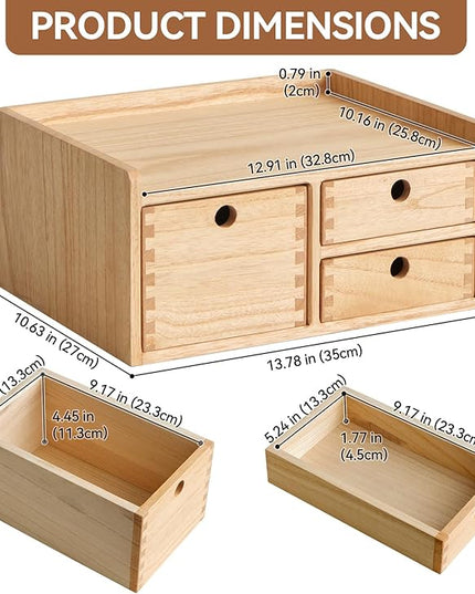 KIRIGEN Desk Organizer with 3 Drawers - Wood Drawer Storage Box with Trays for Tabletop - Workspace Office Toiletries Supplies Tool Caddy - Wooden Storage Cabinet Natural（DT1D3C-NA）
