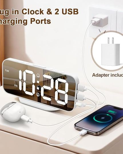ALANAS Digital Alarm Clock for Bedrooms, Dual Alarms with Snooze, Big LED Mirror Display, 4-Level Dimmer & 2 USB Ports, Plug in Clocks, Aesthetic Modern Desk Clock for Home Office, Gift