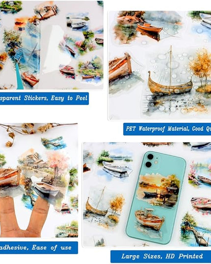 Dwpetzo Vintage Lake Boat Scenery Scrapbook Stickers Set, 120 Pieces Decorative Transparent PET Stickers for Journaling, Junk Journal Supplies, Collage, Scrap Book, Bujo