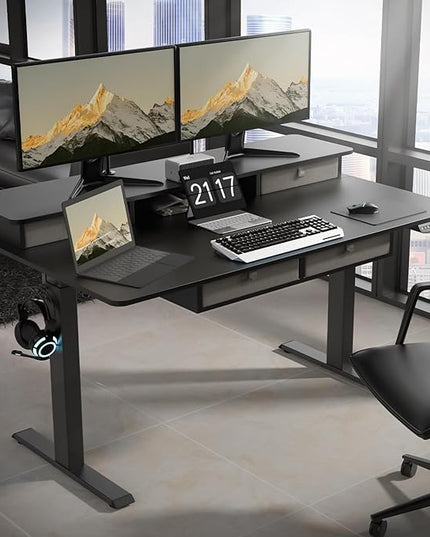 55 * 30 Inches Electric Standing Widened Desk Adjustable Height with 4 Drawers, Double Storage Shelves Stand Up Desk, Home Office Workstation Sit Stand up Desk (Classical Black)