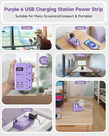 6 USB(2 USB C) Purple Travel Power Strip- 5Ft Lavender Extension Cord with 24W USB Charging Station and 4 Outlets, Purple Desk Accessories with Surge Protector for Cute Kawaii Office Dorm Room