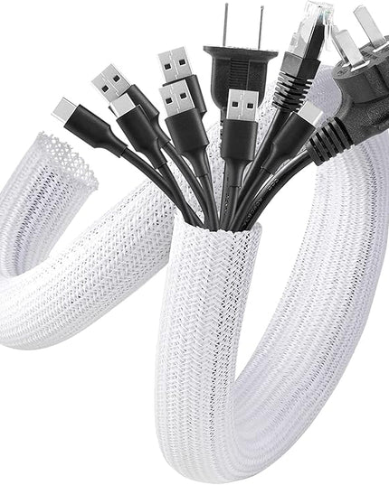 AGPTEK Cable Sleeve Cover, 6.6ft - 1.5 inch Desk Cord Organizer Cable Hider, Home Office Wire Management Computer TV Wire Loom Tubing, Pet Proof Cord Protector, from Cat Dog Chewing, White