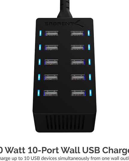 Sabrent 60 Watt (12 Amp) 10-Port [UL Certified] Family-Sized Desktop USB Rapid Charger. Smart USB Ports with Auto Detect Technology [Black] (AX-TPCS)