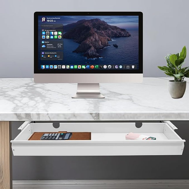 FFanhia 30 Inch Under Desk Mounted Sliding Pull-out Drawer Storage for Sit Stand Workstation Office(Applicable Table Thickness: 0.79in) White