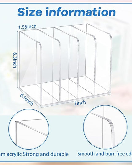 Suzile Clear Acrylic Magazine File Holder with Vertical Compartments Desk Organizer Book Rack for Desk Sorter Paper Folder Office Accessories(Stylish,7 x 6.9 x 6.3 Inch)