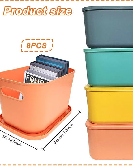 8 Pack Colorful Plastic Storage Bins with Lid and Handle，Stackable Storage Box Basket Containers，Desktop Storage Box Cubby Bins for Shelf Cabinet Kitchen Bathroom Office，10 x 7 x 6.1Inch