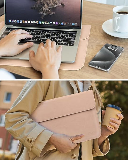 Allinside 13 Inch Laptop Sleeve Case for MacBook Air 13 2018-2025/MacBook Pro 13 2016-2022/Macbook Pro 14 2021-2024, Waterproof Matte PU Leather Horizontal Envelope Protective Case Cover, Flesh Pink