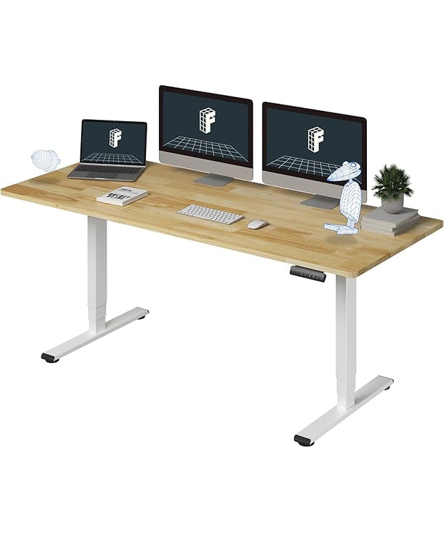 FlexiSpot E6 Solid Wood 3-Stage Dual Motor 71 x 30 Electric Standing Desk, Holds 220 lbs, Adjustable Height w/ Memory Presets, Butcher Block Rubberwood Desktop & White Frame, Ships in 2 Boxes
