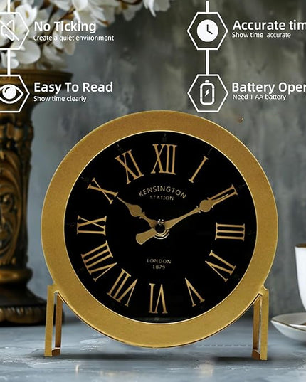 YOUKI Vintage Desk Clock, Small Gold Table Clock, Silent Non-Ticking Classic Battery Operated Decorative Mantel Desk Shelf Clock for Living Room Decor