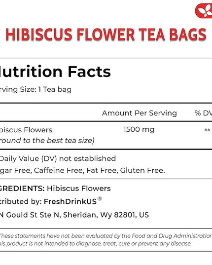 FreshDrinkUS, Premium 30 Hibiscus Flowers Tea Bags, 100% Natural & Pure from Hibiscus Flowers. Loose Flower Herbal Tea. No Sugar, No Caffeine, No Gluten, Vegan.