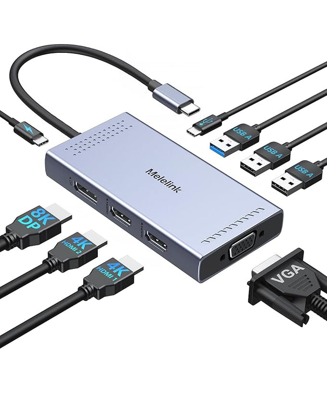 USB C Docking Station Dual HDMI Monitor Adapter, Melelink USB C Hub 3 Monitors with 2X HDMI 4K, 8K Displayport, VGA, 100W PD, USB C&A Ports, 9 in 1 Laptop Docking Station for Dell, HP, Lenovo, etc
