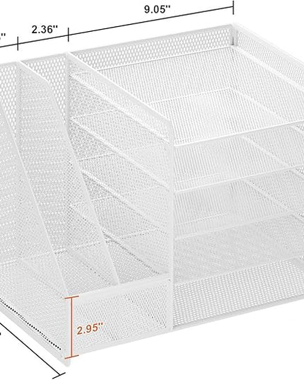 Marbrasse Desk Organizer with File Holder, 5-Tier Paper Letter Tray, Mesh Desk Organizers and Accessories with Magazine Holder, Desktop Organizer and Storage for Office Supplies (White)