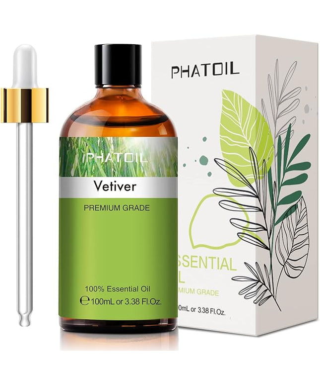 Vetiver 3.38fl.oz Essential Oil, PHATOIL Pure Aromatherapy Oils for Diffuser, Humidifier, Perfect for DIY Soap, Candle, Bath Bombs Making(100ml)