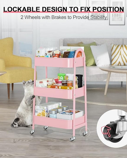 EAGMAK 3 Tier Utility Rolling Cart, Metal Storage Cart with Handle and Lockable Wheels, Multifunctional Storage Organizer Trolley with Mesh Baskets for Kitchen, Living Room, Office, Garage (Pink)