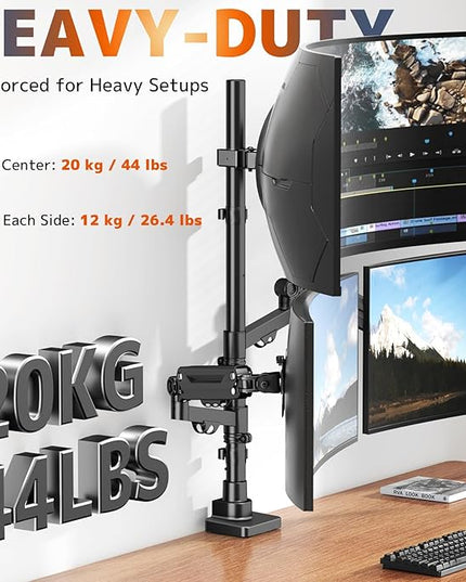 Triple Monitor Mount up to 49 inches, Fully Adjustable Heavy Duty 3 Monitor Arm with Gas Spring, Desk Mount for 3 Screens, C-Clamp & Grommet Base, Holds 44 lbs, Black