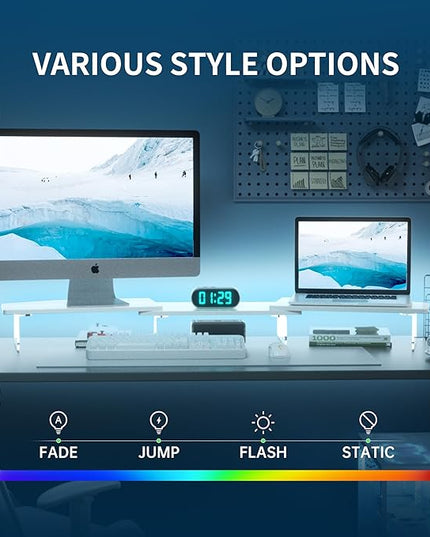 LED Dual Monitor Stand Riser for 2 Monitors, Office Desktop Wooden Stand Adjustable Length and Angle 3 Shelf, Extra Long Multifunctional Stand up to 44.4" for Computer, Laptop, TV, White