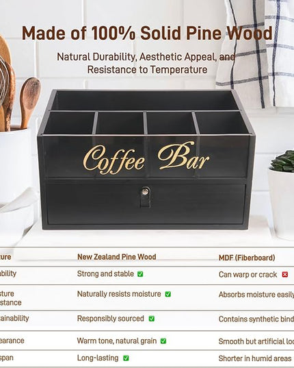 Intarsio 2-Tier Coffee Bar Organizer with Clear Acrylic Top, Built-in Drawer and Leather Handle Pull for Countertop, Stylish Coffee Station Storage Box for Accessories, Pods, Great Gifts for Home