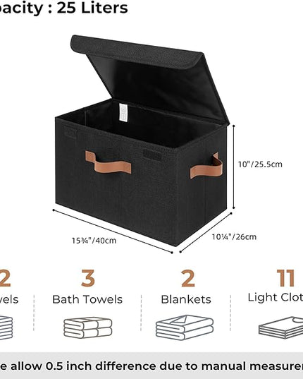 GRANNY SAYS Storage Bins with Lids, Decorative Storage Boxes with PU Handles, Black Storage Bin, Linen Closet Organizer, Shelf Baskets, Fabric Storage Bins for Clothes