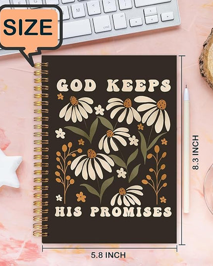 Boho Floral Christian Spiral Journal Notebook 5.5x8.3in, Bible Scripture Cottagecore Journal for Woman, God Keeps His Promises Religious Notebooks for Note Taking, Hardcover Notebook