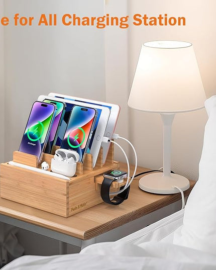 Pezin & Hulin Bamboo Charging Station for Multiple Devices Include 5 Port USB Charger, 5 Cables, Desktop Organizer for Phones, Tablet, Wooden Docking Stations