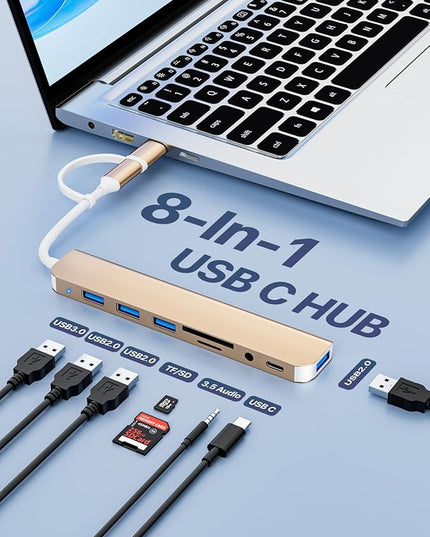 USB C/USB Hub Multiport Adapter,USB 3.0 Hub Aluminum 8 in 1 USB Splitter with SD/TF Card Reader,1 x USB 3.0, 3 x USB 2.0, 1 x USB C,and 3.5mm Audio Output for MacBook Pro Air,iPad Pro,Laptop-Gold
