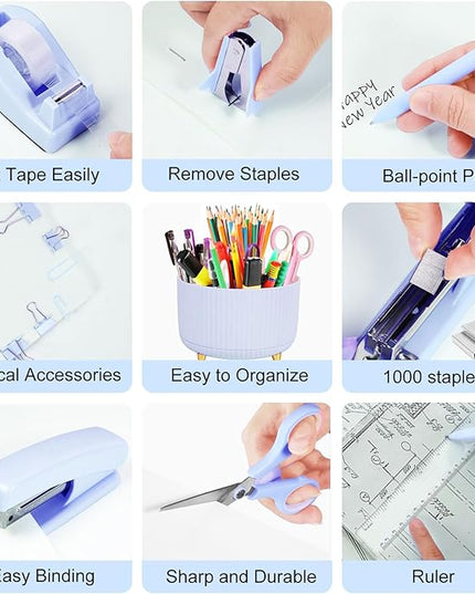 Desk Organizers and Accessories Set with 360-Degree Rotating Pen Holder, Tape Dispenser, Stapler, Staple Remover, 1000 Staples, Tape, Clips Set, Ruler, Scissor, Pen