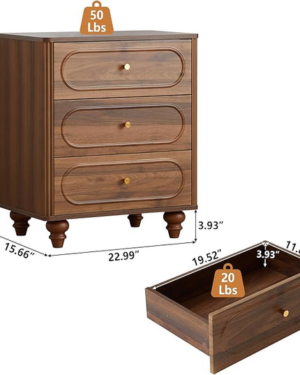 3 Drawer Fluted Dresser for Bedroom Set of 2, Mid Century Modern Chest of Drawers, Wood Storage Small Dresser Organizer for Bedroom Living Room Hallway Closet, Walnut