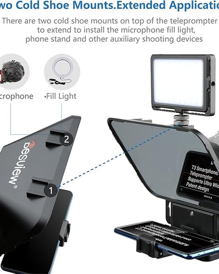 Desview T3 Portable Teleprompter for iPad Tablet iPhone up to 10 inch High Definition 70/30 Beam Splitter Glass with Remote Control for DSLR Camera Smartphone Video Recording (9 Lens Adapter Ring)