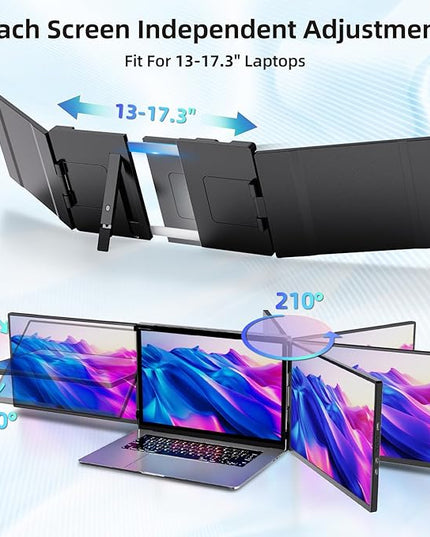 Pitycbo Laptop Screen Extender Monitor Portable - 2.5K Triple Laptop Screen Extender, Plug and Play Multiple Screens Extended Fits 13-17.3 Inch Laptops Compatible with, Windows, Chrome, Dex