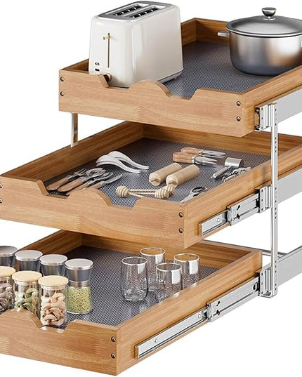 OCG Pull Out Cabinet Drawer 17" W x 21" D, 3 Tier Pull Out Cabinet Organizer, Heavy-Duty Slide Out Drawer for Cabinets, Organization for Kitchen, Pantry, Bathroom
