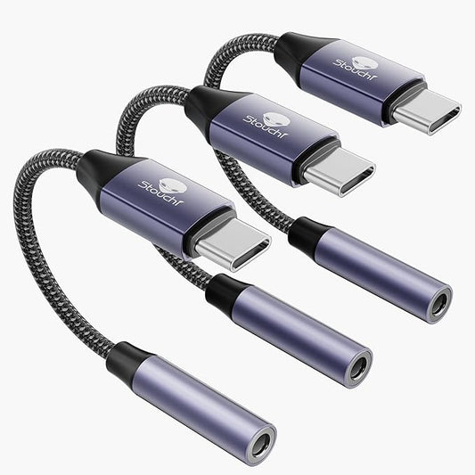 Stouchi USB C to 3.5mm Dongle Adapter, Type C Headphone Audio Jack Cable Cord Hi-Fi DAC Chip for iPhone 17/16 /15, Pixel 9/8 /7/6, iPad, Samsung Galaxy S25 S24 S23 Ultra (3, Light Grey, 0.38ft*3)