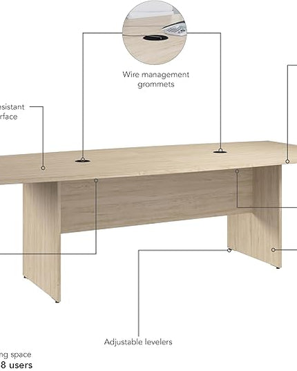 Bush Business Furniture 96-inch Office Conference Table with Wood Base, Boardroom Meeting Space for 8 Users, Natural Elm