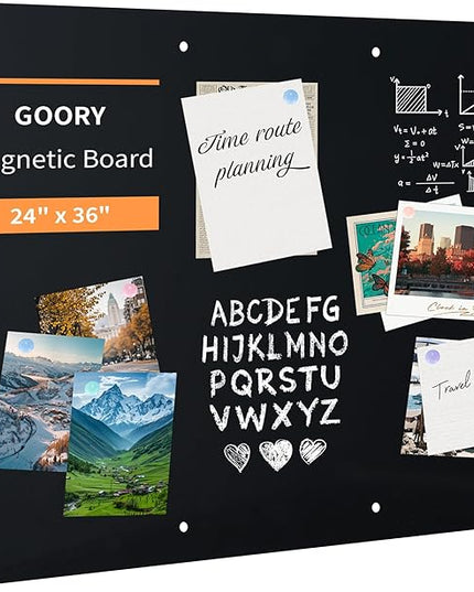 GOORY Magnetic Wall Board - 24" x 36" - Memo & Vision Bulletin Board for Home, Office and Classroom - Pre-drilled Mounting Screws Large Frameless Magnet Black Wall Board