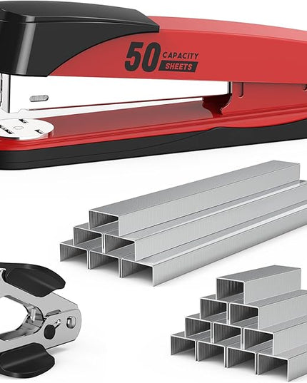 Metal Stapler Heavy Duty 50 Sheet Capacity with 1750 Staples and Staple Remover, Full Strip Staplers for Desk, No Jam, Non-Slip for Office & Classroom, Red
