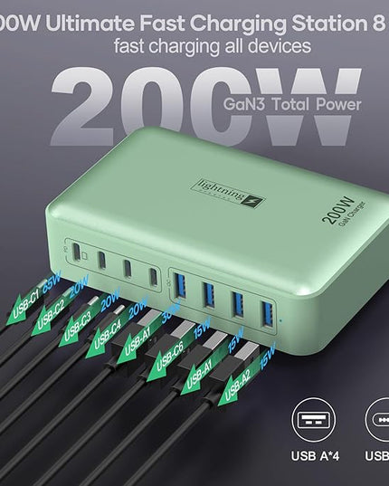 8-Port Multiple Charger Station 200W with Flat Plug, Braided Power Cord, and On/Off Switch- USB Charging Hub for iPhone, iPad, MacBook and More- 65W C Port Power Adapter for Laptops