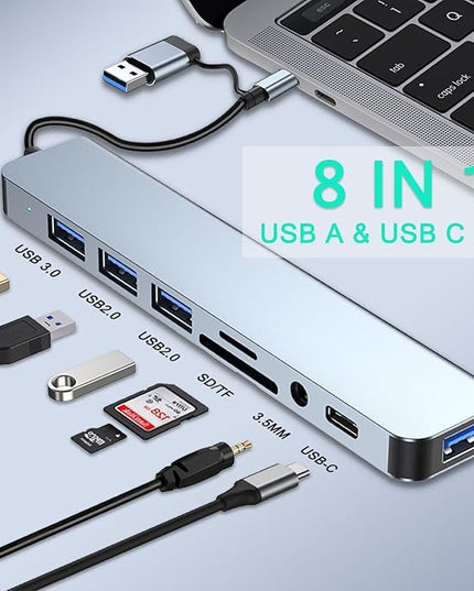 USB C Hub USB Hub 3.0, VIENON Aluminum 8 in 1 USB Extender with SD/TF Card Reader, 3.5mm Aux Headphone Jack for MacBook Pro Air and More PC/Laptop/Tablet Devices