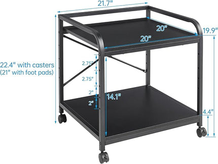 2 Tier Under Desk Printer Stand with Storage, 20 Inches Deep Large Printer Table with Height Adjustable Shelf, Rolling Printer Cart with Wheels for Home Office - Black
