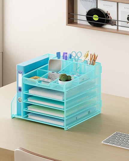 Lavatino 5-Tier Metal Mesh Desk Organizer with File Holder & 7 Customizable Compartments | Paper Letter Tray for Office or Home Desk Storage | Keep Workspace Supplies Neat & Organized, Blue