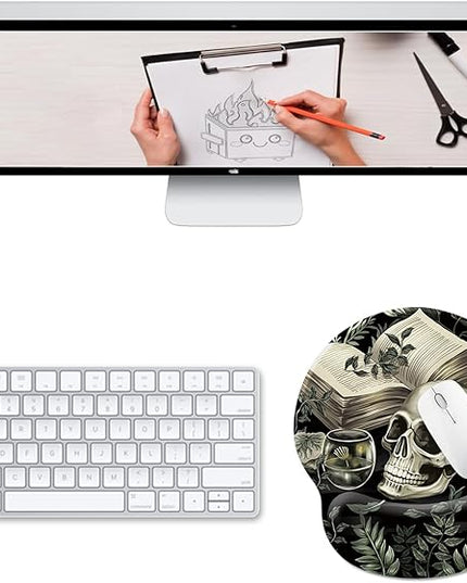 Goth Funny Skull Plant Mouse Pad with Wrist Rest, Gothic Book Leaves Ergonomic Mouse Pads, Computer Mousepad with Non-Slip Base, Cute Mouse Pad for Desk Accessories Office Decor Supplies
