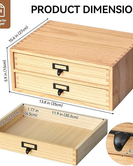 Kirigen Natural Wood Desktop Storage Cabinet -Shallow Type Drawers - Fax Stand with metal handle - Small File organizer Size 13.78"L*10.6"W*5.9"H(NA, 2-Layer &2 Drawers)