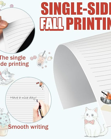 EggSun 250Pcs Cute Stationery Paper and Envelope Set with 100 Letterhead Papers and 50 Envelopes, 10 Design for Letter Writing Invitations Computer Holidays Party Notes, 8.5x11 Inch- Lined Cat