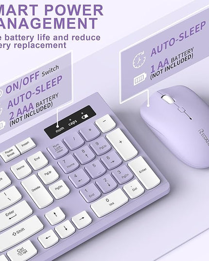 Wireless Keyboard and Mouse Combo, Full-Sized Wireless Keyboard and Adjustable DPI Mouse, 2.4GHz USB Receiver, Silent Keyboard and Mouse for PC, Windows, MAC, Desktop, Laptop(Purple)