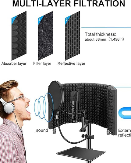 Aokeo Studio Recording Microphone Isolation Shield with Pop Filter & Tripod Stand, High Density Absorbent Foam to Filter Vocal, Foldable Sound Shield for Blue Yeti and Condenser Microphones