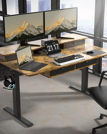 55 * 30 Inches Electric Standing Widened Desk Adjustable Height with 4 Drawers, Double Storage Shelves Stand Up Desk, Home Office Workstation Sit Stand up Desk (Rustic Brown)