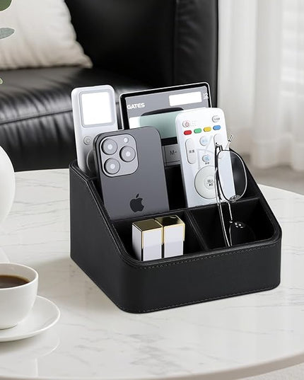 MEIBOOCH Remote Control Holder, PU Leather Small Desk Organizer with 4 Compartments, Nightstand Organizer Desk Caddy for Remote, Notepad, Phone, Glasses, and Accessories (Black)