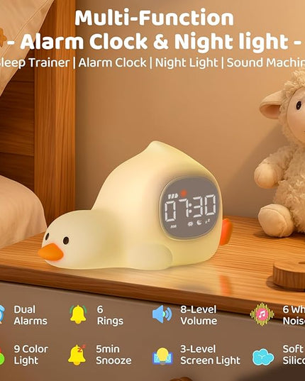 Laying Duck Alarm Clock with Night Light for Kids with Sleep Training and Sound Machine, Rechargeable Silicone Lamp OK to Wake Clock，Cute Animal Tabletop Lamp, Perfect Sleep Companion for Boys Girls