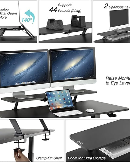 AVLT Clamp Desk Shelf Dual 32" Monitor Riser With Slide-out Holder for Convertible Laptop, Tablet, Smartphone (Black) - Floating Stand (Clamp-On Shelf Only)