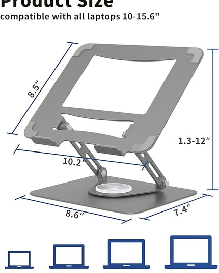 ALASHI Laptop Stand for Desk with 360° Rotating Base, Multi-Angle Adjustable Laptop Stands, Foldable Laptop Riser Compatible with 10 to 15.6 Inches PC Computer, Grey