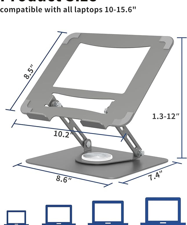 ALASHI Laptop Stand for Desk with 360° Rotating Base, Multi-Angle Adjustable Laptop Stands, Foldable Laptop Riser Compatible with 10 to 15.6 Inches PC Computer, Grey